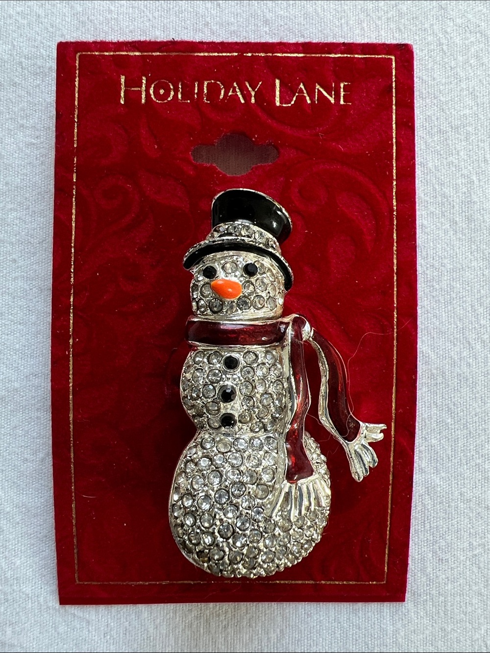 Holiday Lane | Red Scarf Rhinestone Snowman 2.5โ Brooch NWT